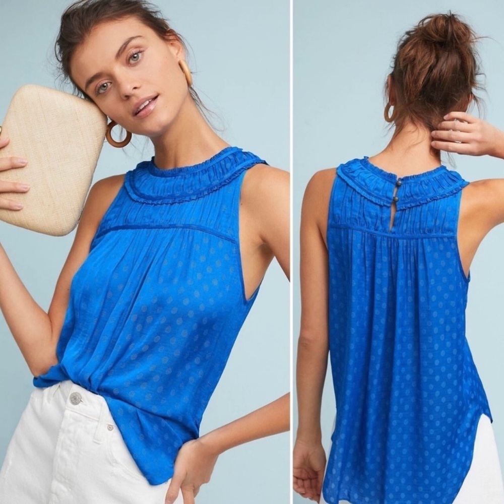 Anthropologie Maeve Blue Clovis Pleated Top Sleeveless Blouse